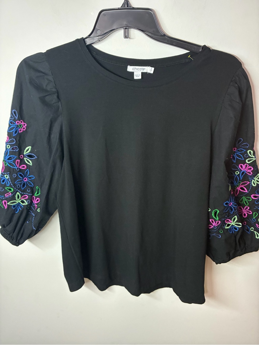 Chico's Black Top with Colorful Floral Embroidered Puff Sleeves